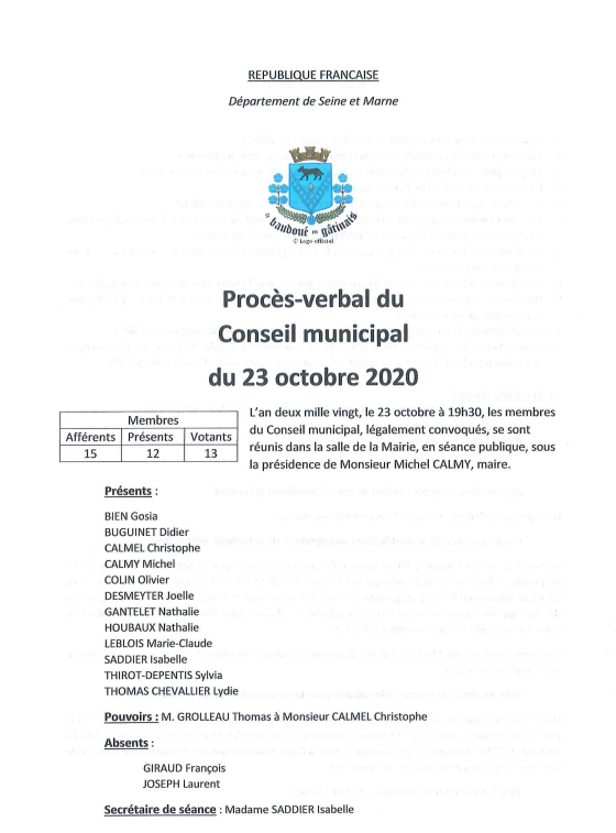 Procès-verbal du Conseil municipal du 23 octobre 2020