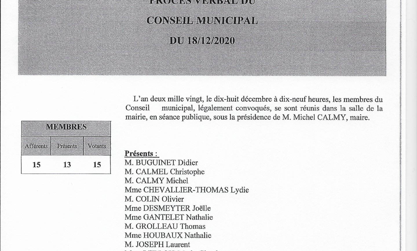 Procès-verbal du Conseil municipal du 18 décembre 2020