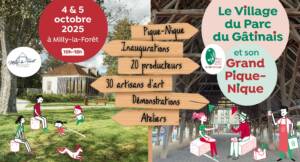 Affiche du Village du parc avec les halles de Milly et la maison du Parc et des petits personnages incrustés jouant et pique-niquant