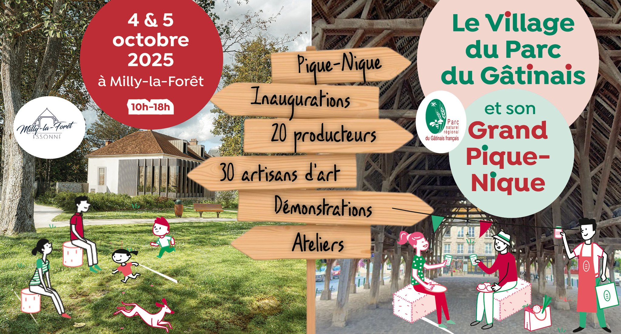 Affiche du Village du parc avec les halles de Milly et la maison du Parc et des petits personnages incrustés jouant et pique-niquant